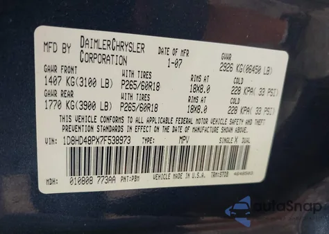 2007 Dodge Durango Slt from USA, damaged, VIN 1D8HD48PX7F538973
